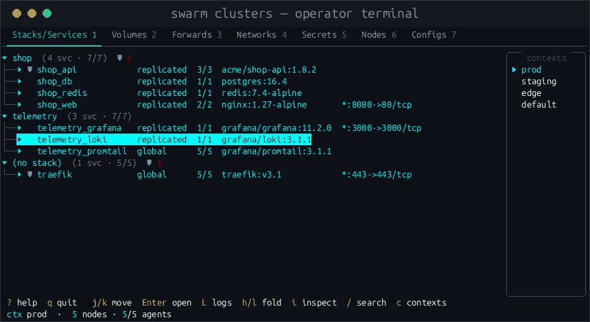 The TUI with a contexts sidebar on the right: pressing c focuses it, Enter switches from the prod cluster to staging, and switching back leaves the cursor on the same service it was on before