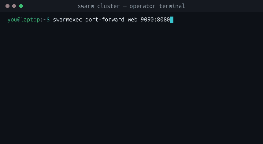 swarmexec port-forward web 9090:8080 brings up a forward to a task on node-3, then curl localhost:9090 succeeds — no SSH and no published port