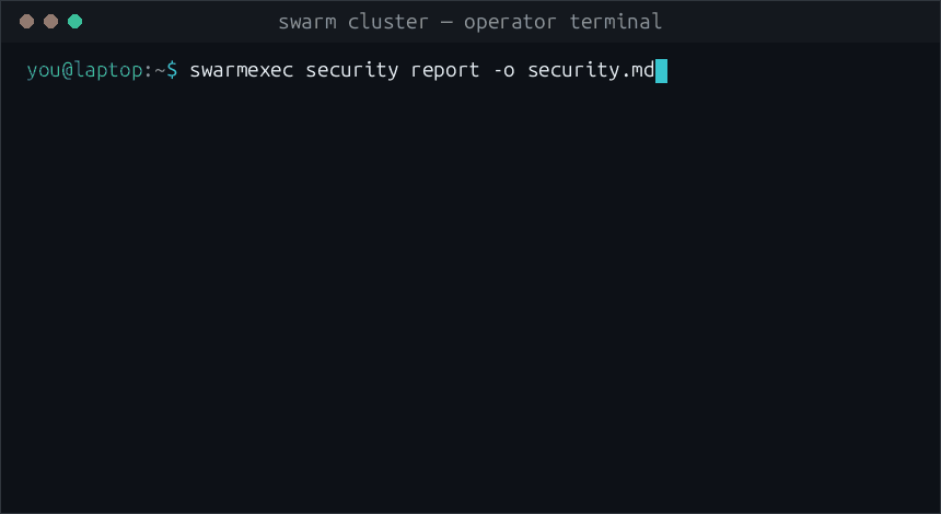 swarmexec security report -o security.md writes a Markdown report: a summary table of high, medium and low findings, then cluster findings such as an unencrypted overlay network and managers that are not autolocked